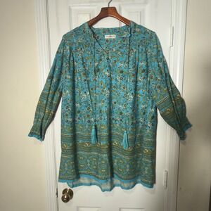 Natural Life Boho Mini Dress XS Turquoise Floral Tassel Peasant Festival Tunic